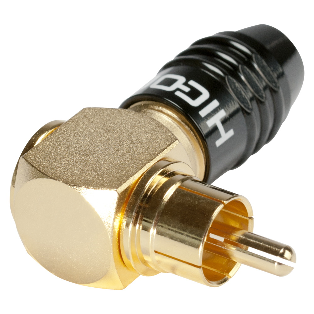 HICON RCA, 2-pole , metal-, screw-type-male connector, gold plated contact(s), angled, black