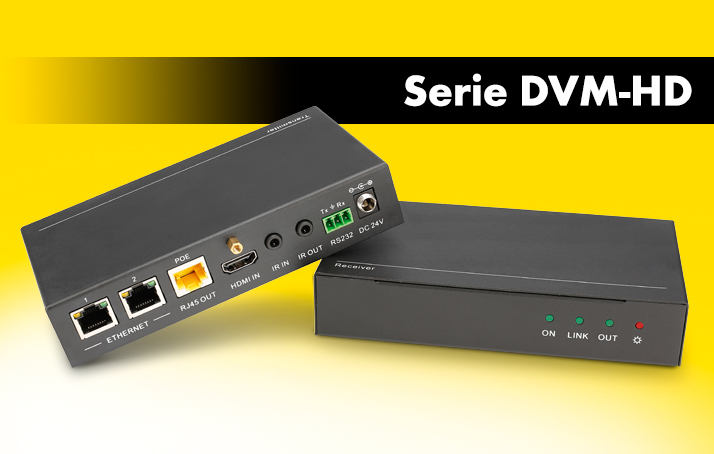 A picture of our HDMI tools for the installation and rental area in a yellow background. Above it the lettering “Series DVM-HD”