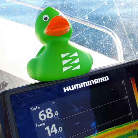 Our green squeaky duck Cablo is our mascot and sits on a Humminbird fishfinder.