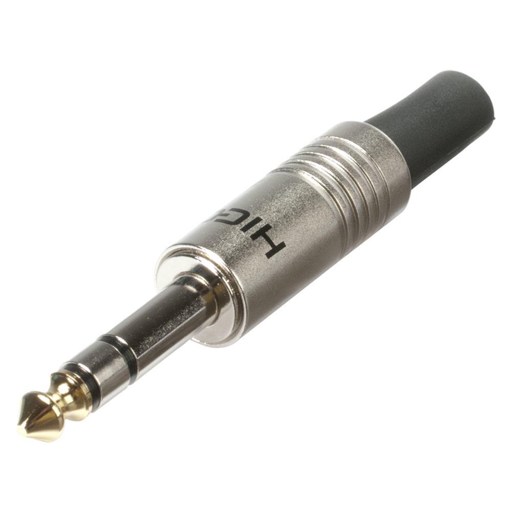 HICON jack (6,3mm)  3-pole metal-Soldering-male connector, nickel plated with Goldtip pin, straight, chrome coloured