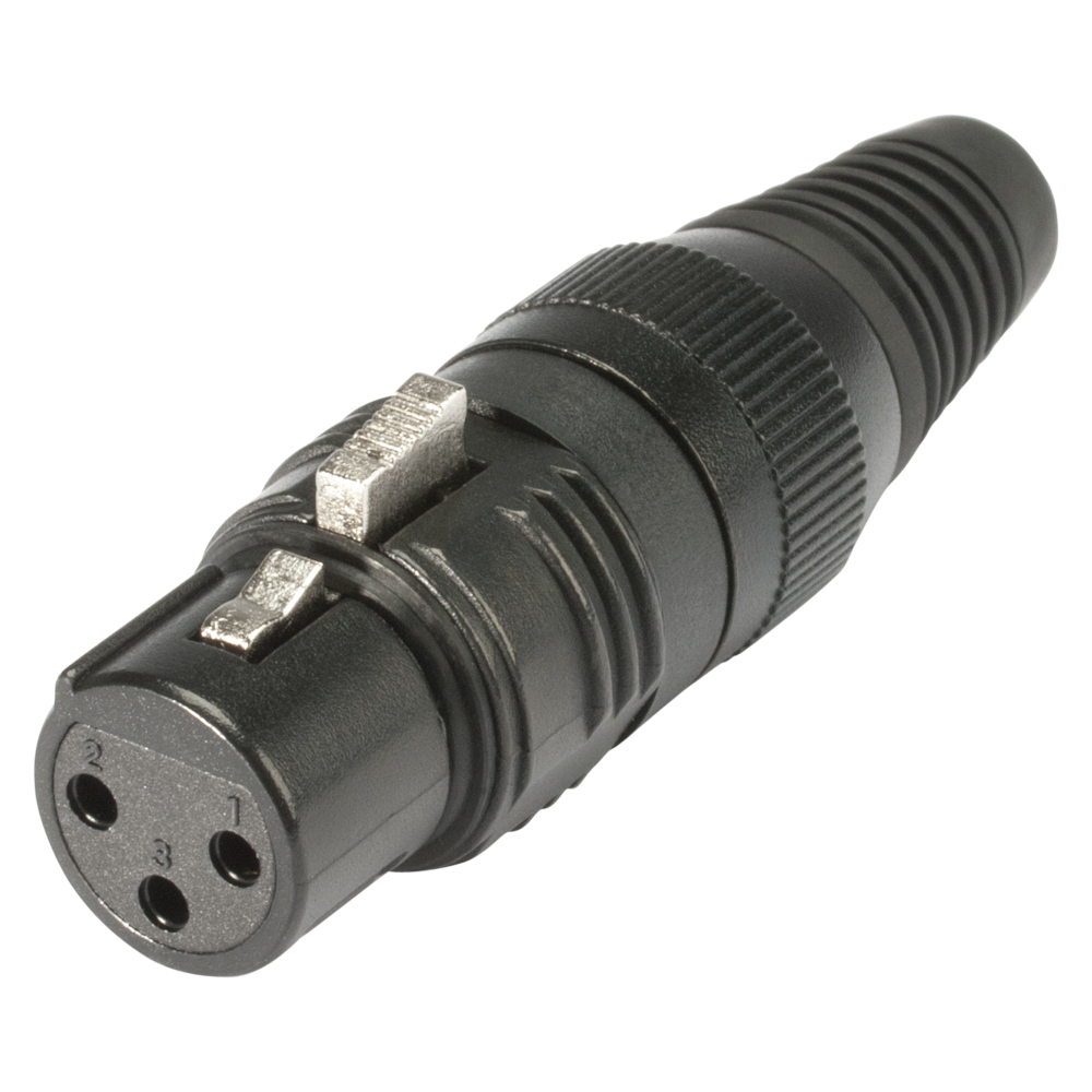 HICON XLR PRO+, 3-pole female, silver-plated contacts, black metal housing, black metal cap, 6-chuck collet strain relief