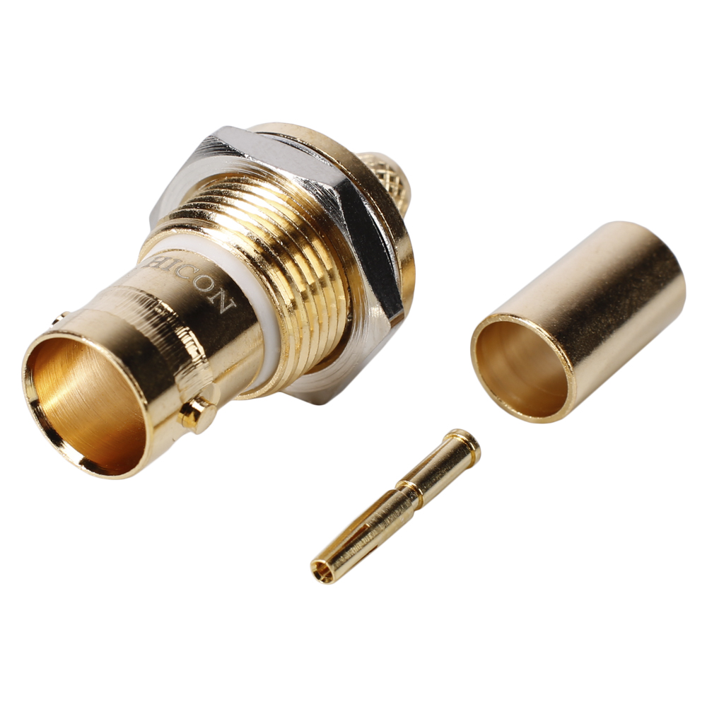 HICON BNC 3G-SDI Crimp-Einbaubuchse, Masse isoliert, Gewinde 1/2", gold