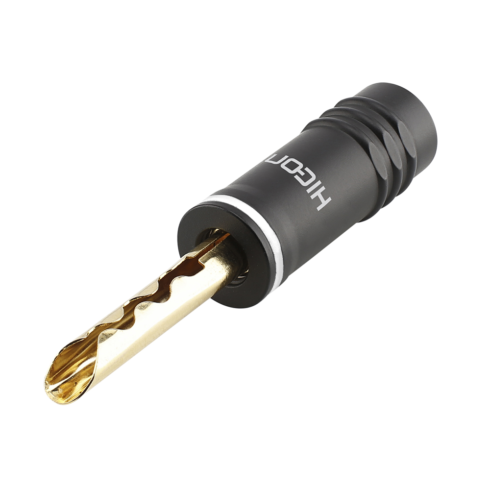 HICON Banana connector with toothed clamp, 1-pol , metal-, Clamp technic-male connector, hard gold-plated contact(s), straight, max. 6 mm², black
