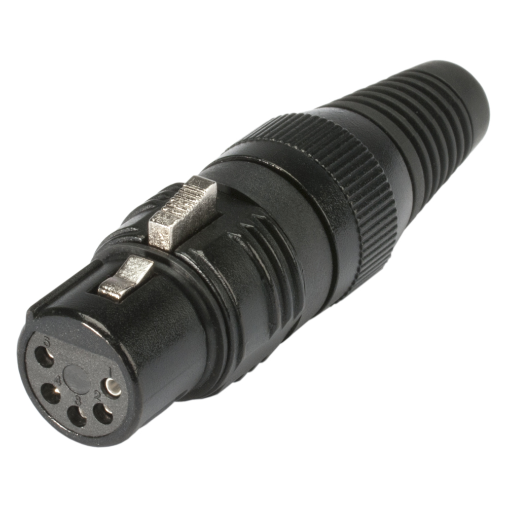 HICON XLR PRO+, 5-pole female, silver-plated contacts, black metal housing, black metal cap, 6-chuck collet strain relief