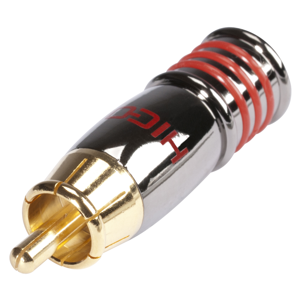 HICON RCA, 2-pole , metal-, Soldering-male connector, gold plated contact(s), straight, chrome coloured