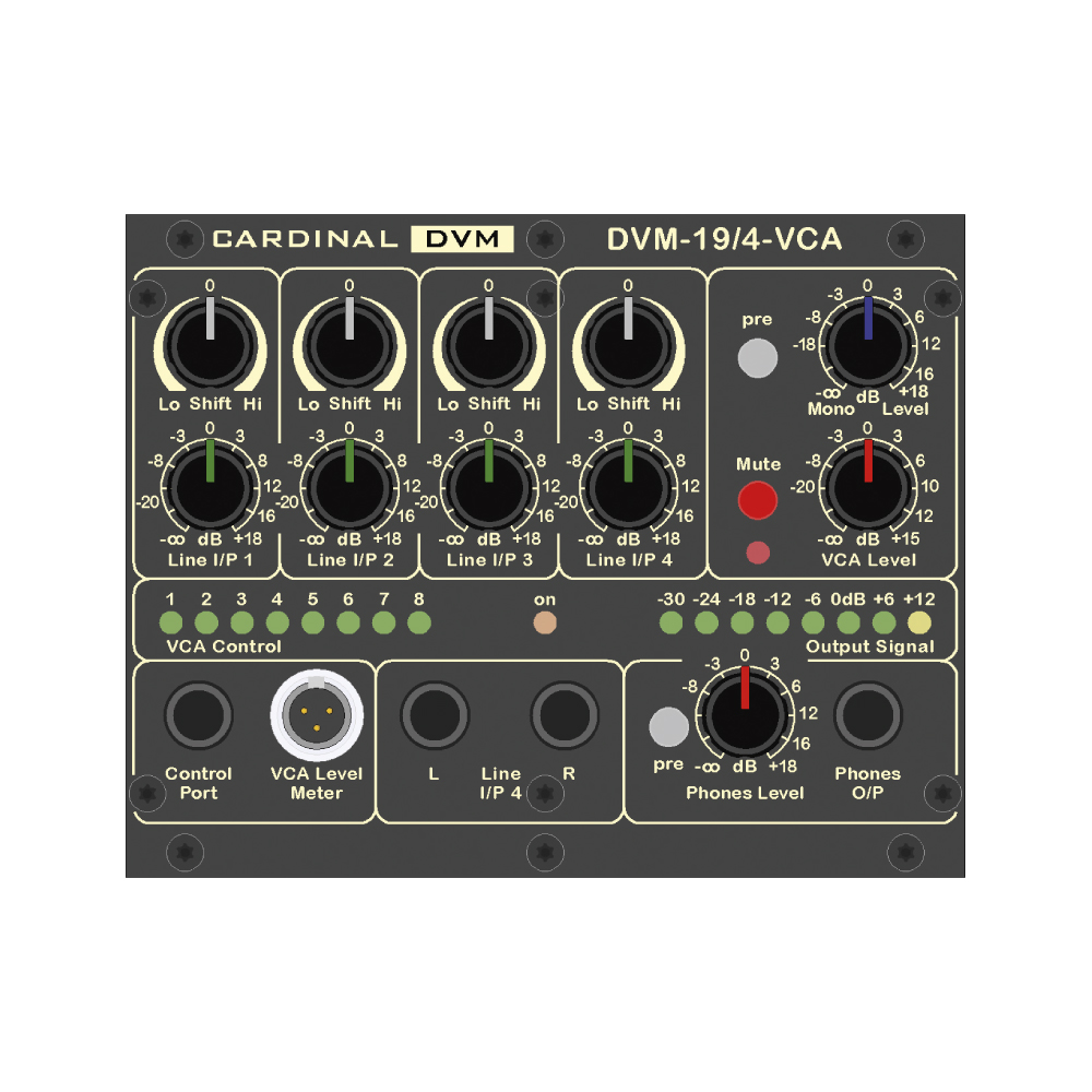 CARDINAL DVM ¼ -19“-Stereo mixer, IN: 4 x Stereo IN via 4 x 2 x 6.3 mm TRS jack sockets (Back)/1 x Control port for display unit via 3-pin mini-XLR (Front)/1 x Stereo IN via 3-pin 3,5 mm TRS jack socket (Front)/1 x VCA port for swell pedal via 6.3 mm TRS
