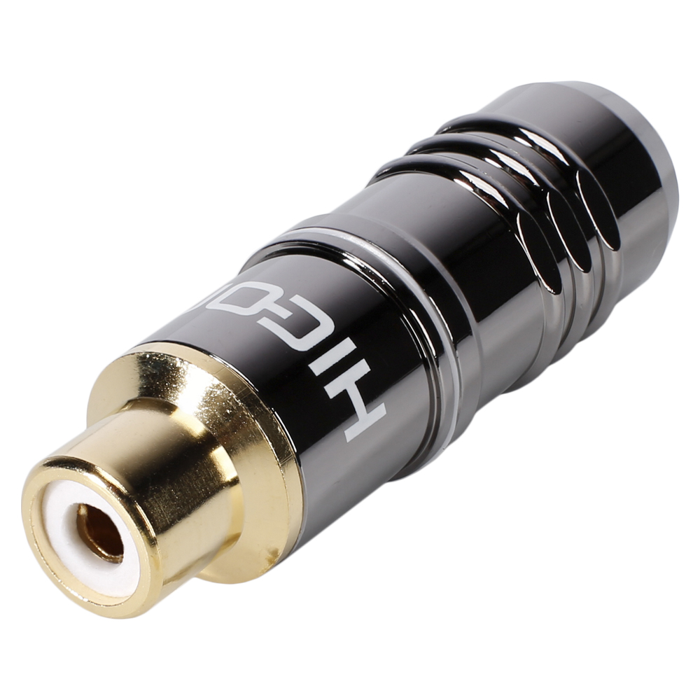 HICON RCA, 2-pole , metal-, Soldering-female connector, gold plated contact(s), straight, chrome coloured