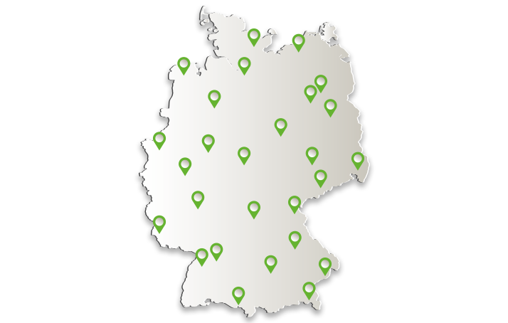 A map of Germany. On it are green pins in various places.