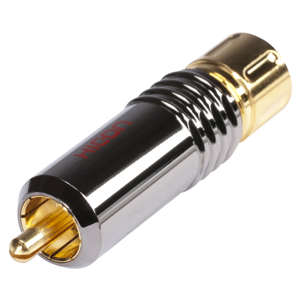 HICON RCA / phono connector, collet lock fixture, 2-pole , metal-, Soldering-male connector, gold plated contact(s), straight, chrome coloured