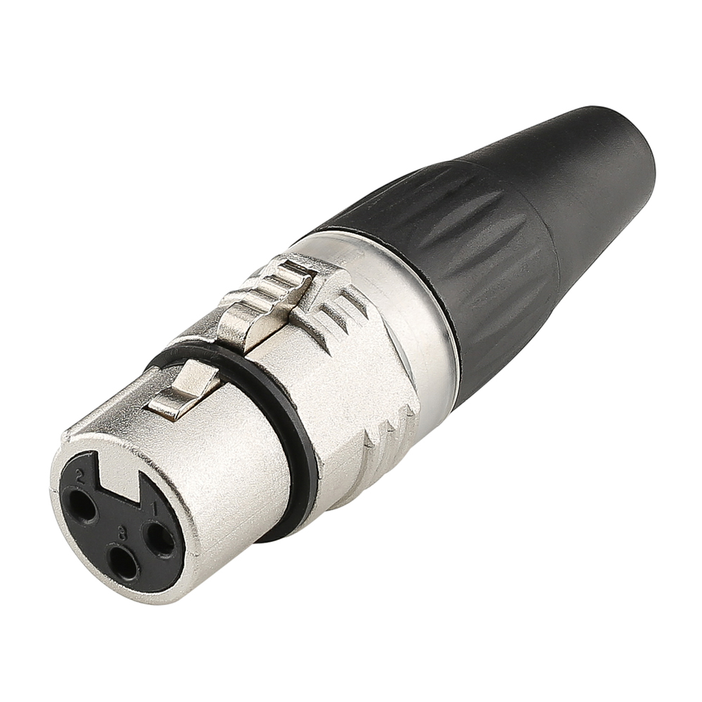 HICON XLR BASIC, 3-pole female, silver-plated contacts, nickel-plated metal housing, conductive surface, black plastic cap, 3-chuck collet strain relief
