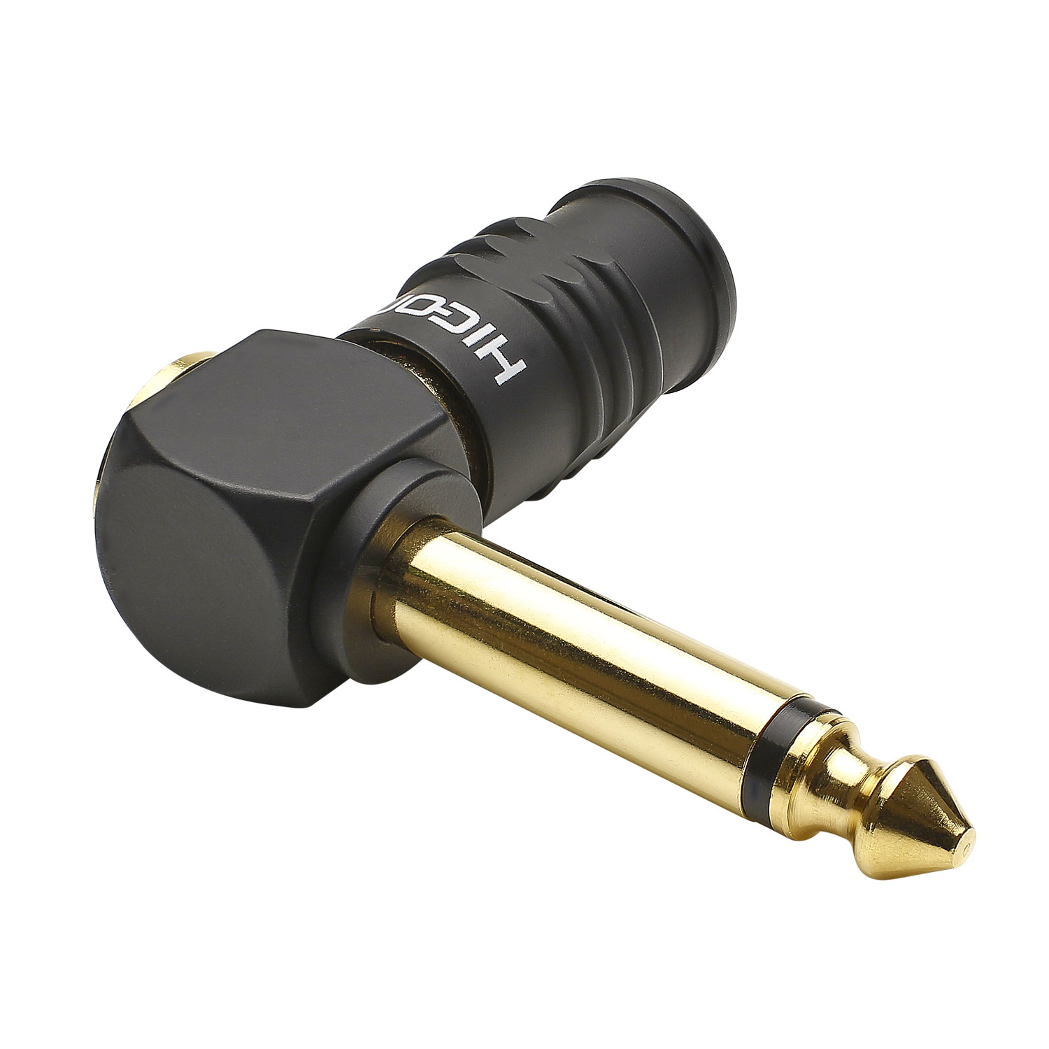 HICON Jack (6.3mm / 1/4“) screw & play  metal-screw-type-male connector, Sold pin, gold plated pin, 90° angled, black