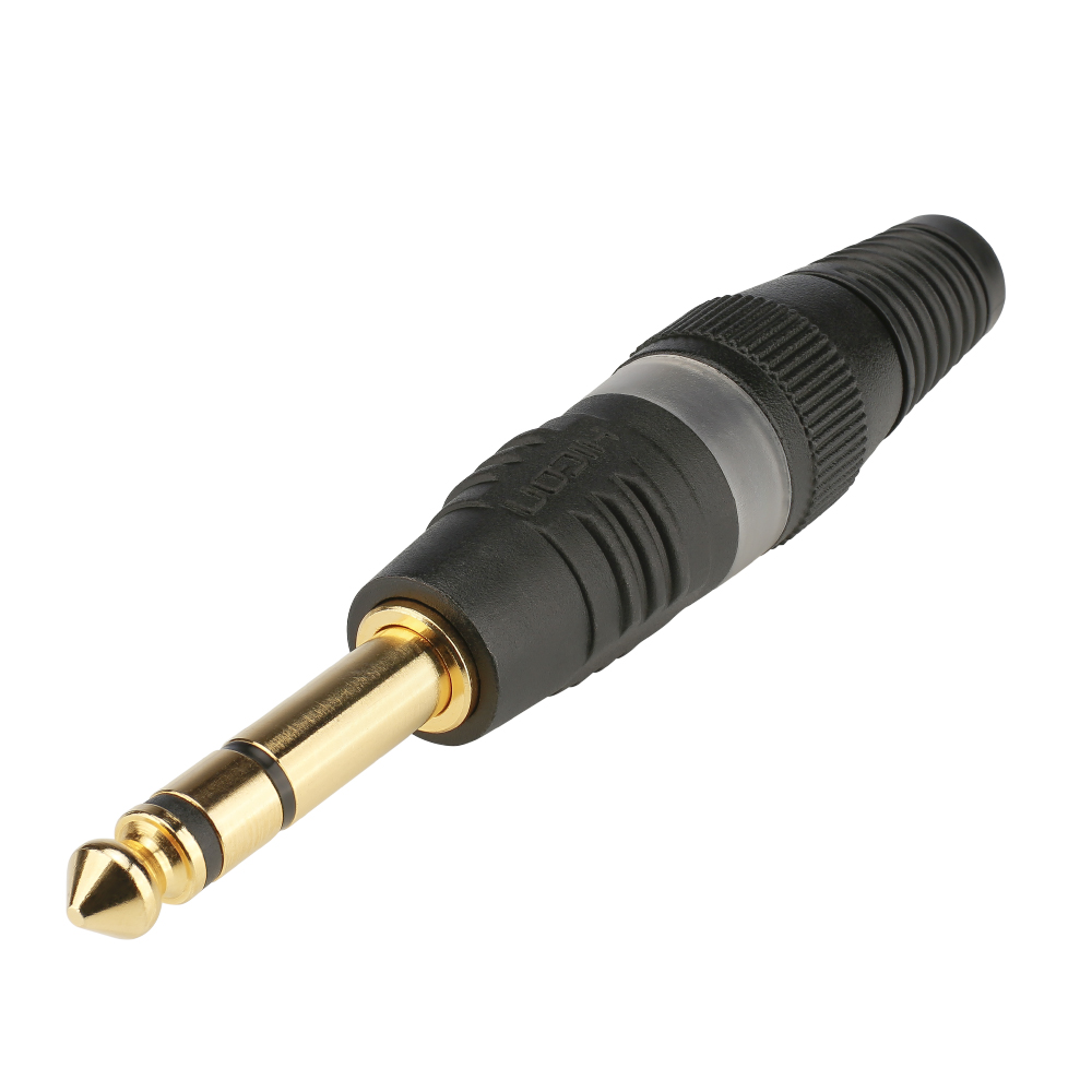 HICON jack (6,3mm)  3-pole metal-Soldering-male connector, gold plated pin, straight, black