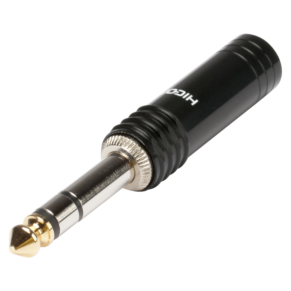 HICON jack (6,3mm)  3-pole metal-Soldering-male connector, nickel plated with Goldtip pin, straight, black