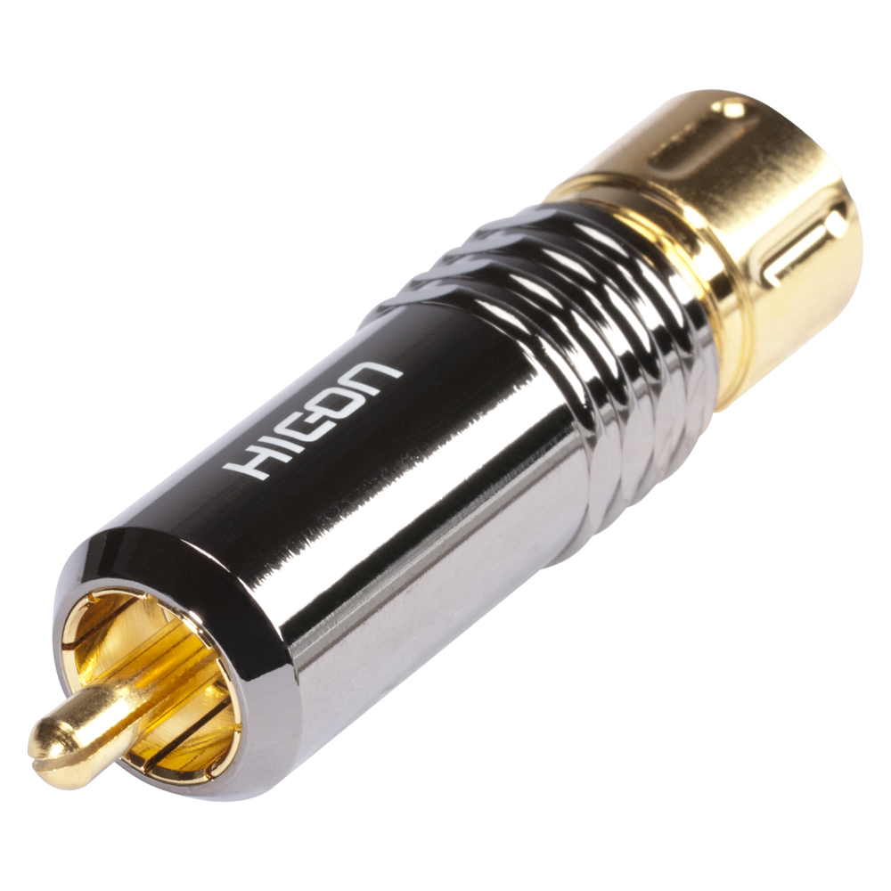 HICON RCA / phono connector, collet lock fixture, 2-pole , metal-, Soldering-male connector, gold plated contact(s), straight, chrome coloured