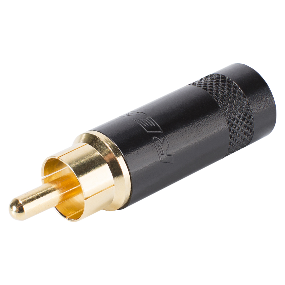 REAN RCA, 2-pole , metal-, Soldering-male connector, gold plated contact(s), straight, black