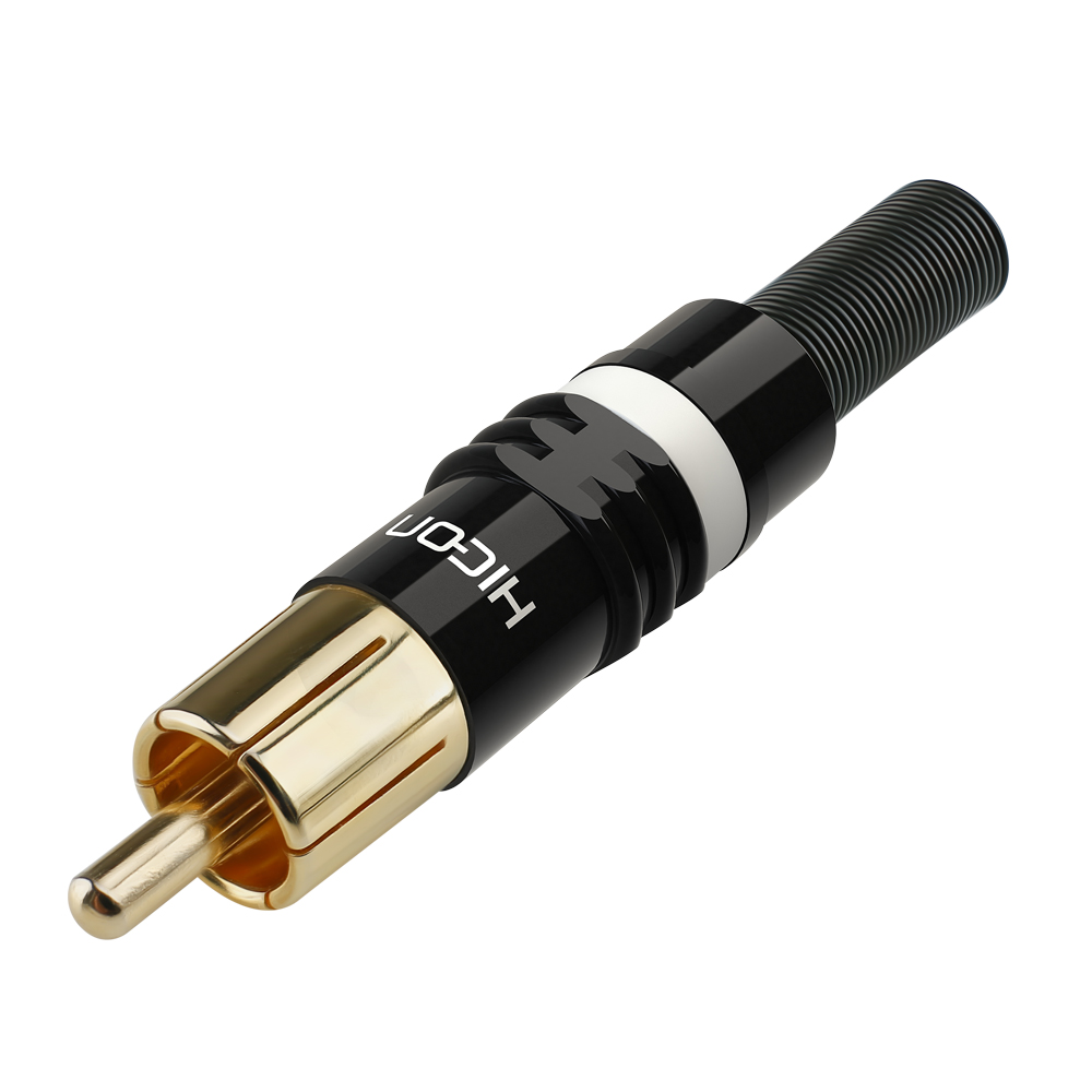 HICON RCA, 2-pole , metal-, Soldering-male connector, gold plated contact(s), straight, black