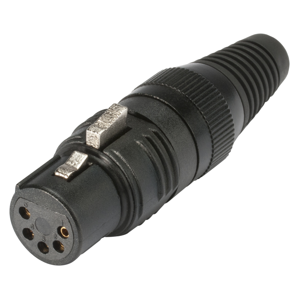 HICON XLR PRO+, 5-pole female, gold-plated contacts, black metal housing, black metal cap, 6-chuck collet strain relief