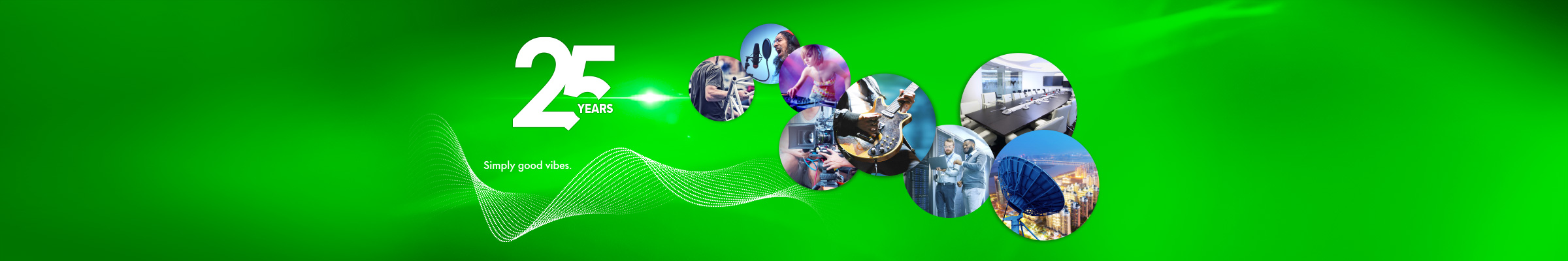 A green picture with small circles on the right showing the various sectors in which our cables can be used, with “25 years” written to the left.