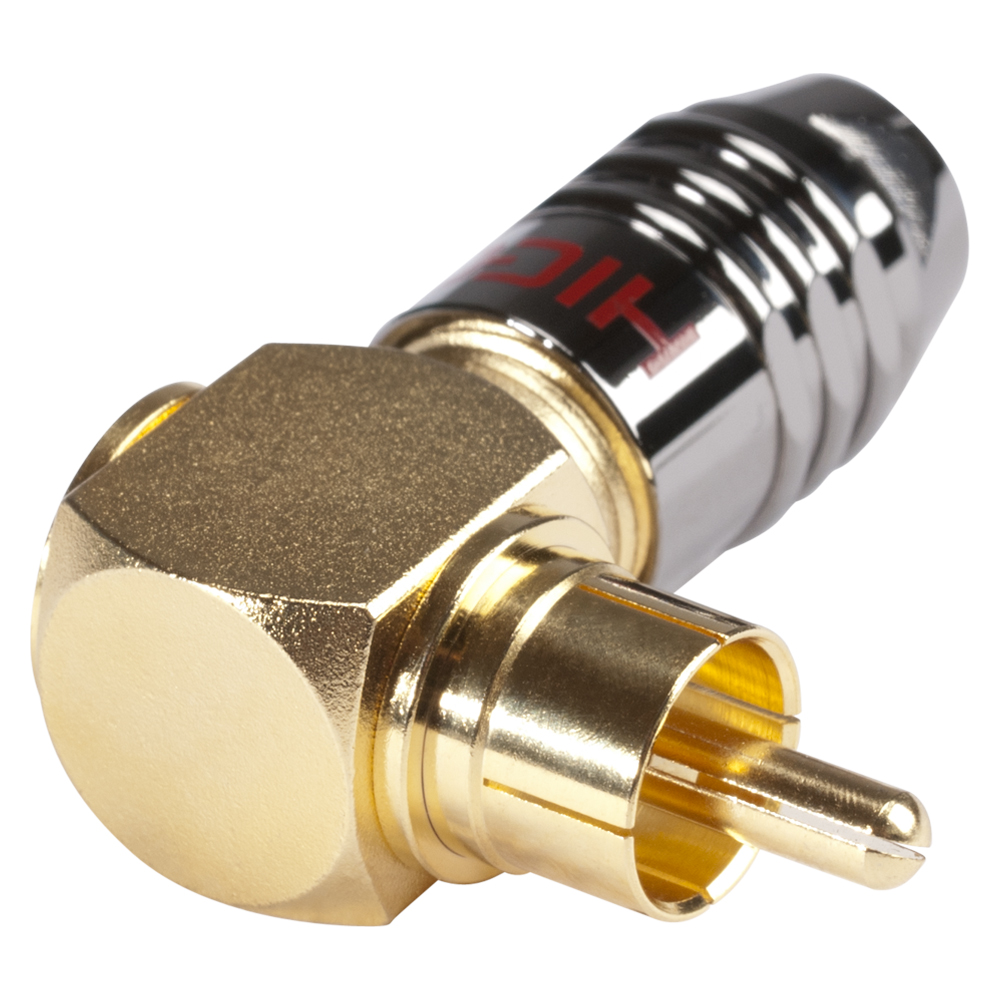 HICON RCA, 2-pole , metal-, screw-type-male connector, gold plated contact(s), angled, chrome coloured