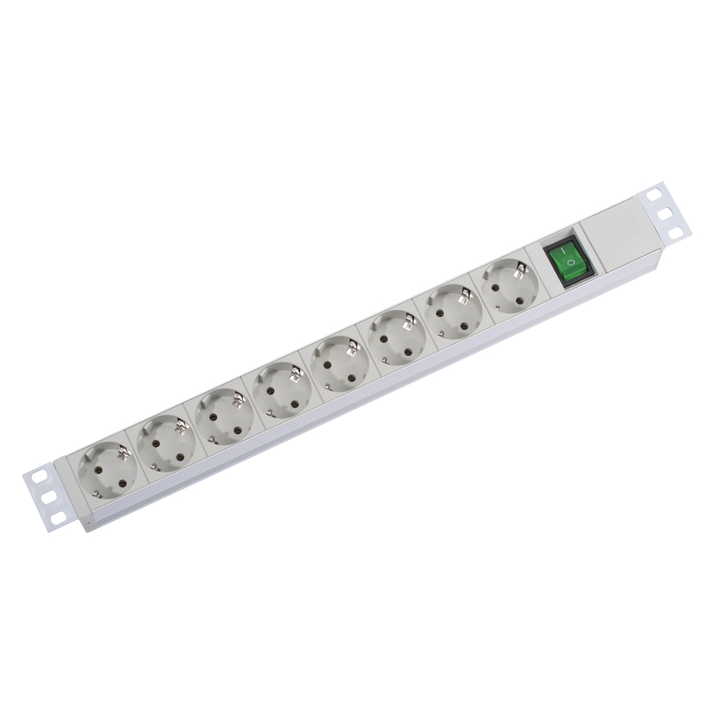 multiple socket outlet, 8 x Schuko, cable length: 2 m, Rack Version 19" 1HE, illum. switch