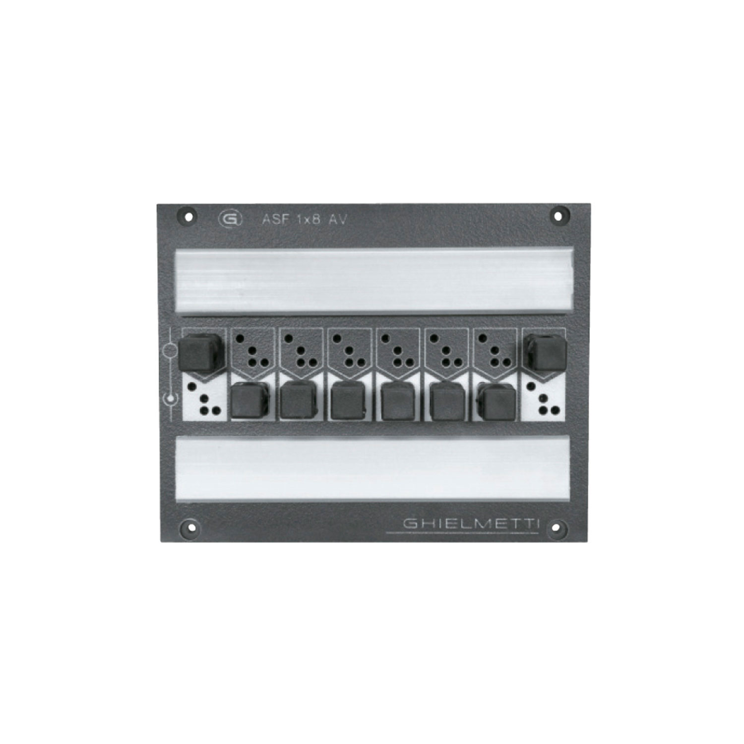 GHIELMETTI Switching patch panel AES / EBU, 8 channel, 19"/4 , 2 HE, 3 BE for SYSBOXX; incl. 8 connectors 3-pin + 8 soldered connectors GAS323LAC, 5mm layered laminate, colour: grey