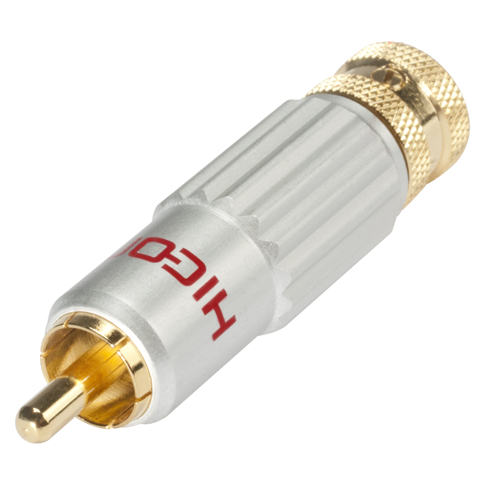 HICON RCA / phono connector, collet lock fixture, 2-pole , metal-, Soldering-male connector, gold plated contact(s), straight, grey
