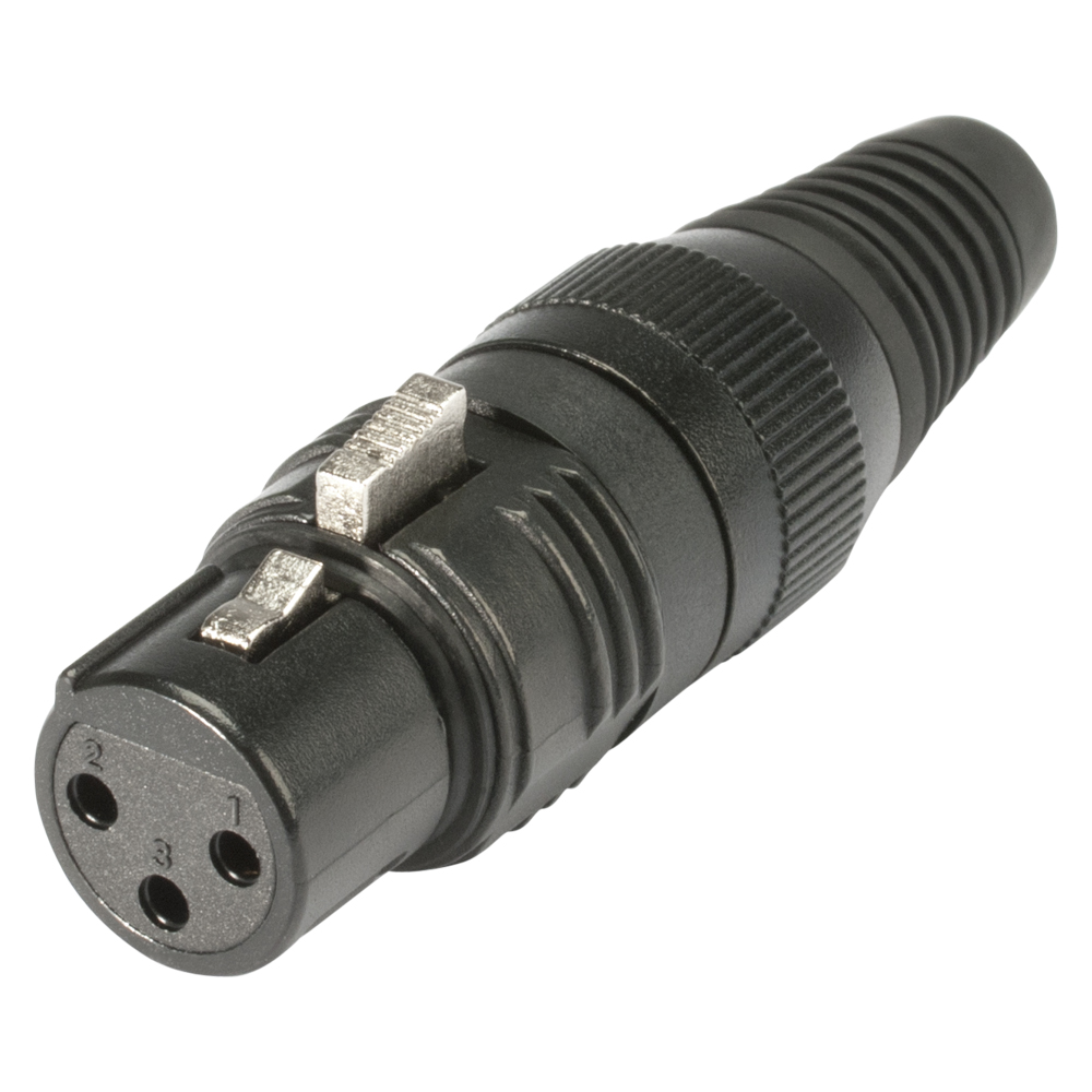 HICON XLR PRO+, 3-pole female, gold-plated contacts, black metal housing, black metal cap, 6-chuck collet strain relief