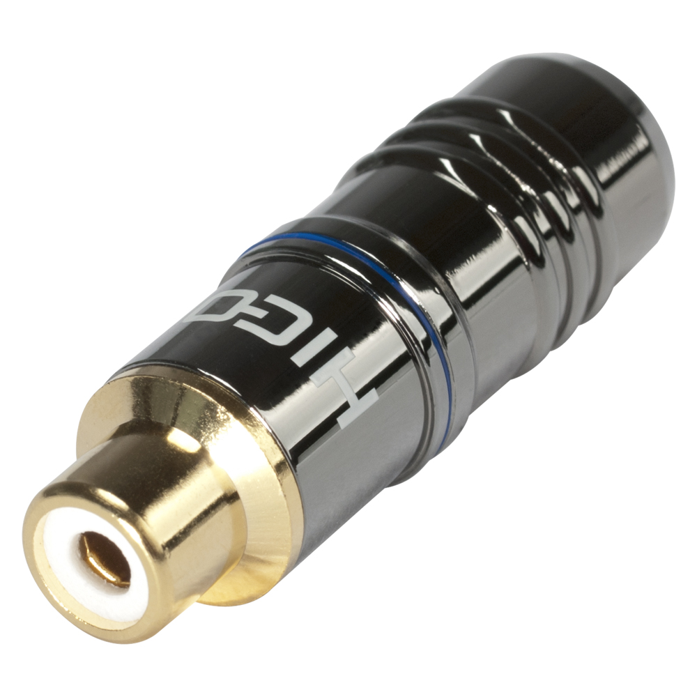 HICON RCA, 2-pole , metal-, Soldering-female connector, gold plated contact(s), straight, chrome coloured