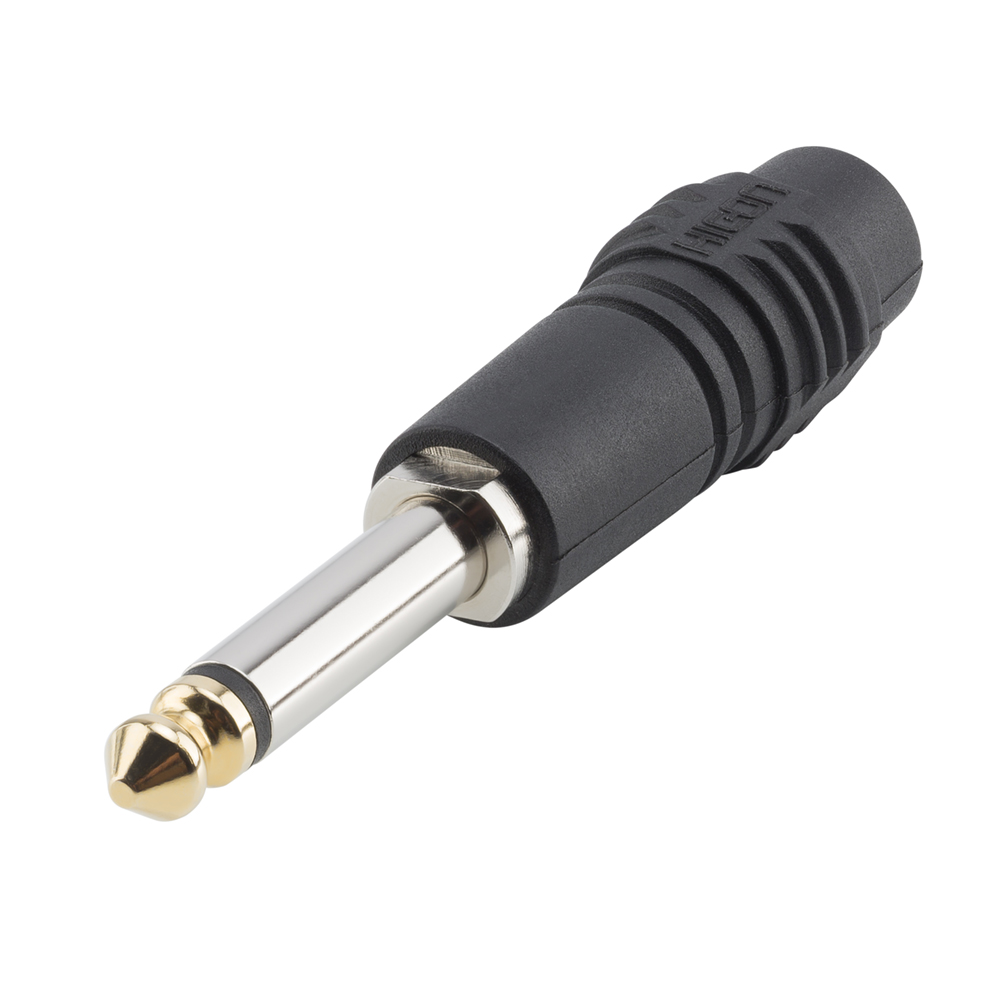 HICON jack (6,3mm)  2-pole plastic-screw-type-male connector, nickel plated with Goldtip pin, straight, black