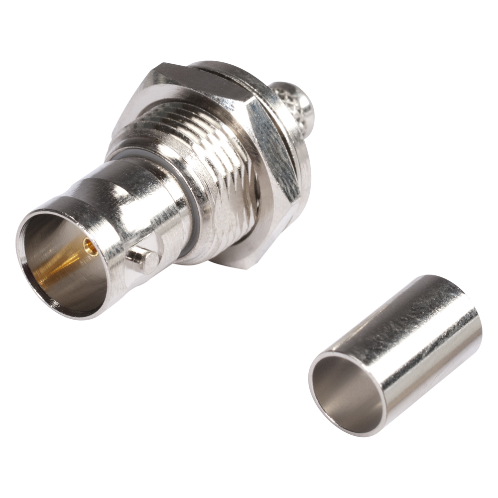 HICON BNC Crimp-Einbaubuchse, Masse isoliert, Gewinde 1/2", nickel