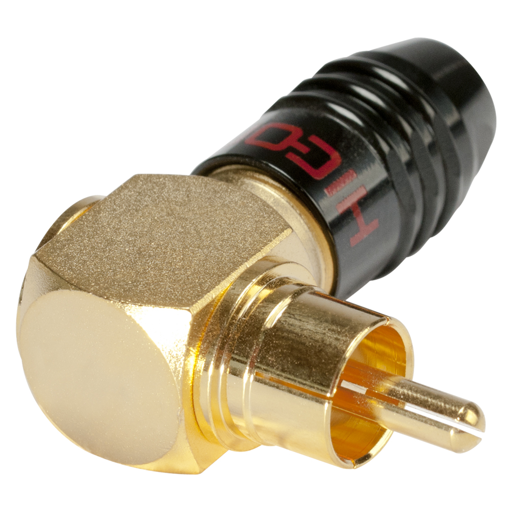 HICON RCA, 2-pole , metal-, screw-type-male connector, gold plated contact(s), angled, black