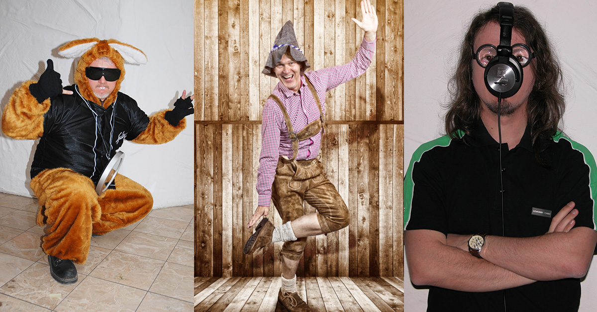 A picture collage of three of our employees: on the left dressed as a rabbit, in the middle in lederhosen and on the right as a diver.