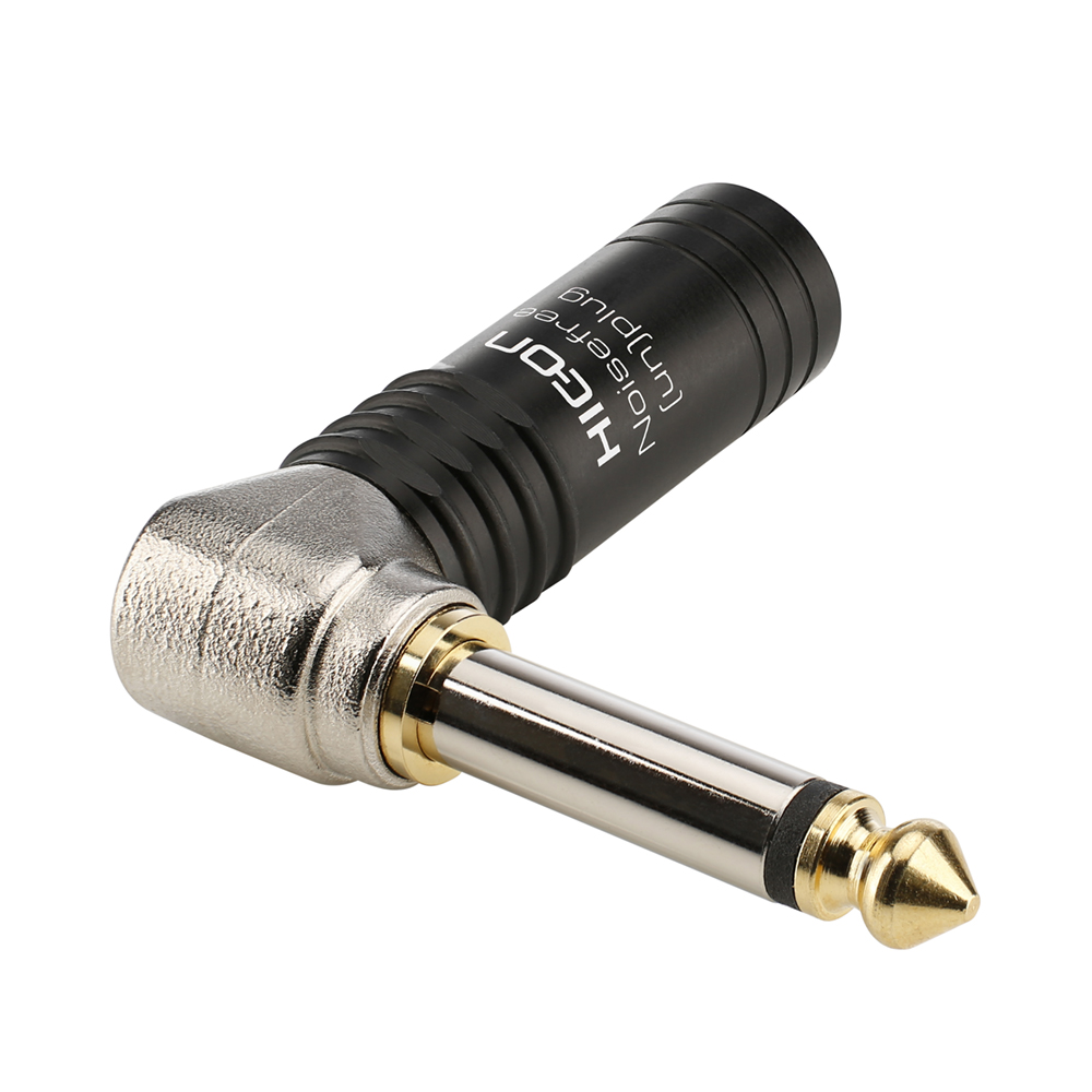 HICON Jack (6,3mm) NOISEFREE  2-pole metal-male connector, Sold pin, gold plated pin, 90° angled, black