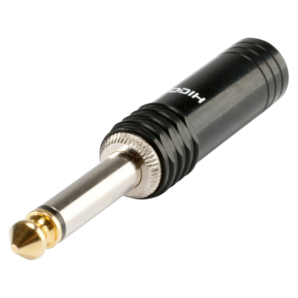HICON jack (6,3mm)  2-pole metal-Soldering-male connector, nickel plated with Goldtip pin, straight, black