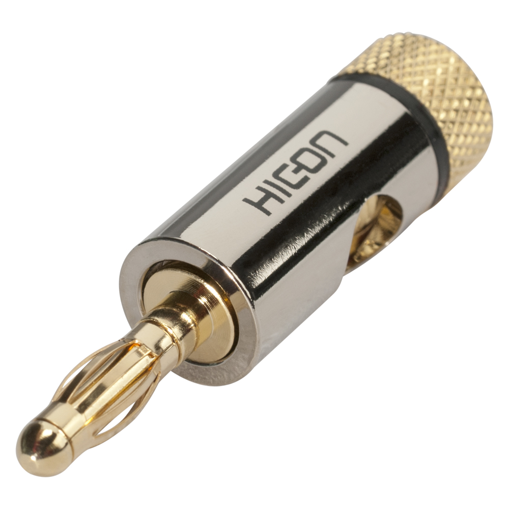 HICON Banana connector with universal clamp, cascadable, 1-pol , metal-, screw-type-male connector, gold plated contact(s), straight, chrome coloured