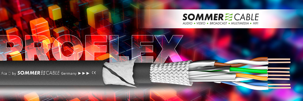 The picture shows our SC-MERCATOR CAT.6a PROFLEX patch cable in a colorful background. The Sommer cable logo is in the top right corner.