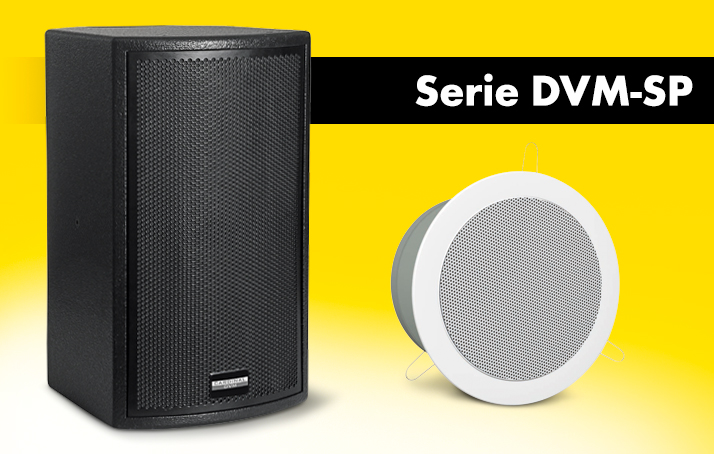 A picture of our speakers for mobile applications and the installation in a yellow background. The lettering “Series DVM-SP” above it