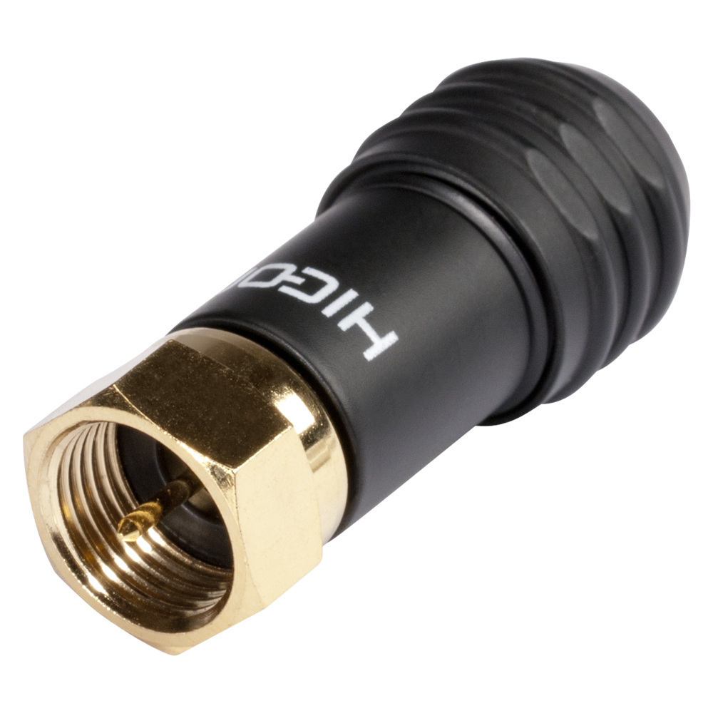 HICON F-plug, 2-pole , metal-, screw-type-male connector, gold plated contact(s), straight, black