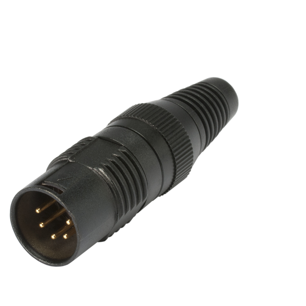 HICON XLR PRO+, 5-pole male, gold-plated contacts, black metal housing, black metal cap, 6-chuck collet strain relief