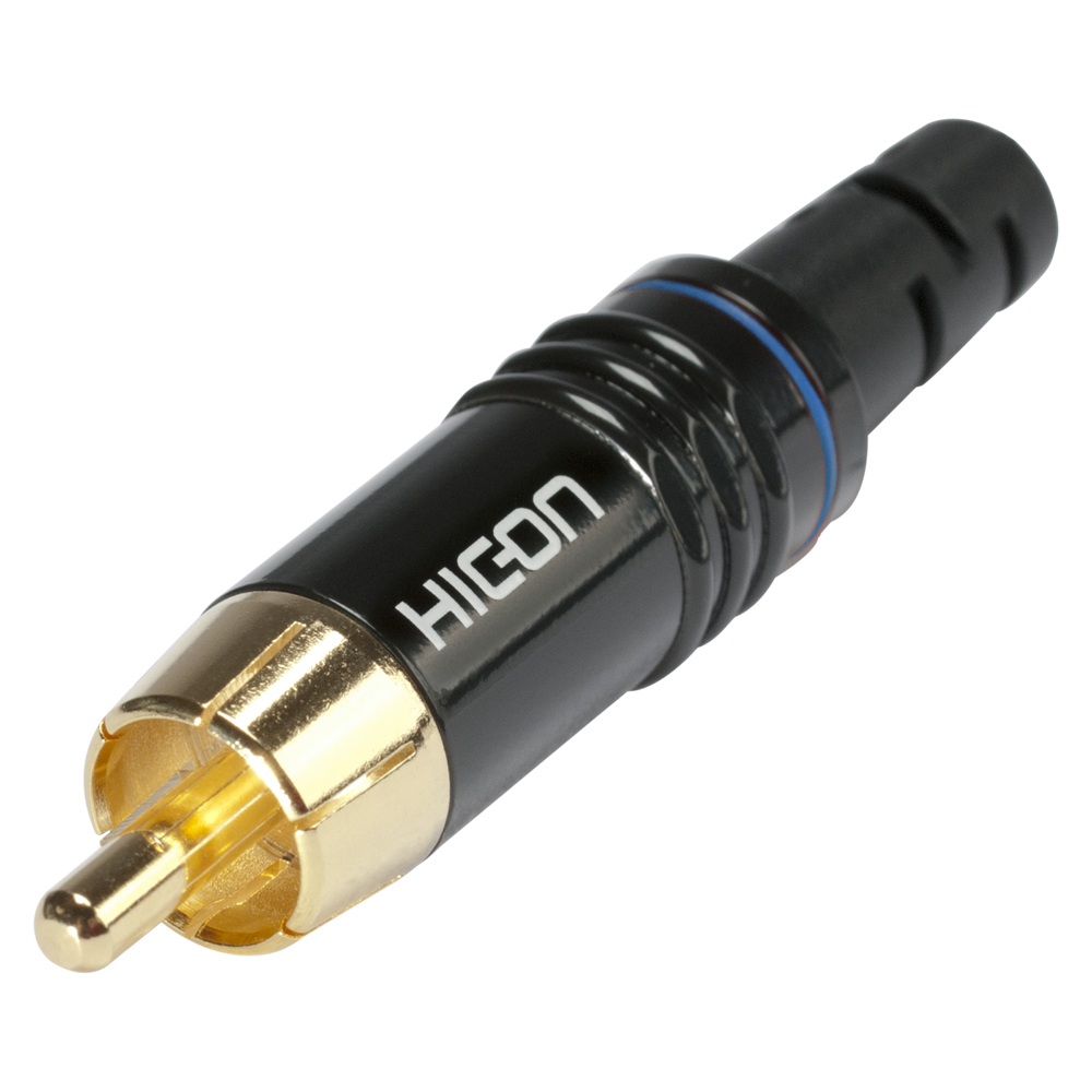 HICON RCA, 2-pole , metal-, Soldering-male connector, gold plated contact(s), straight, black