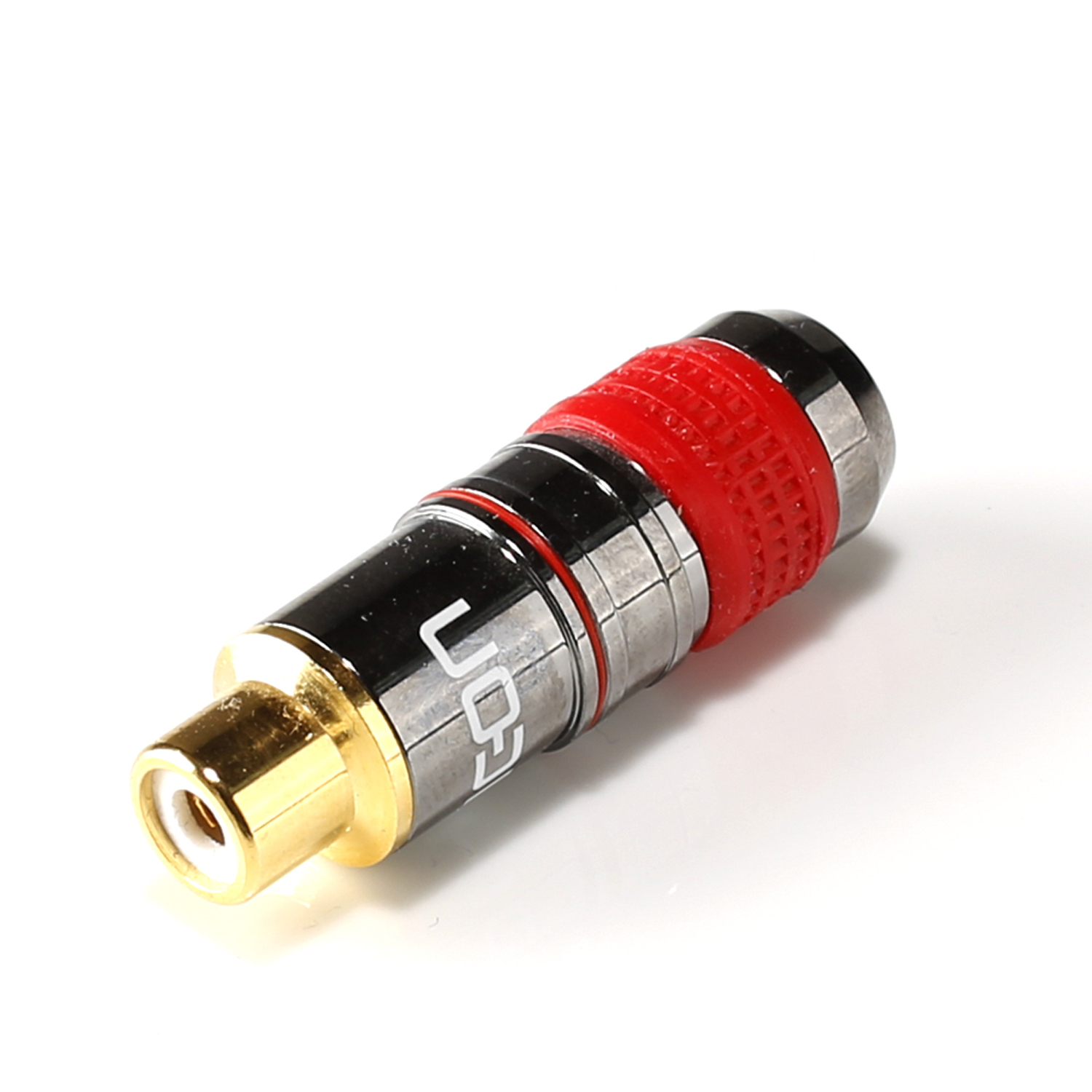 HICON RCA, 2-pole , metal-, Soldering-female connector, gold plated contact(s), straight, chrome coloured