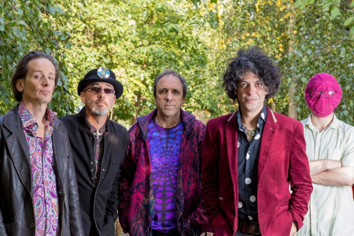 A picture of the five artists of the band GONG standing next to each other. You can see a forest in the background.