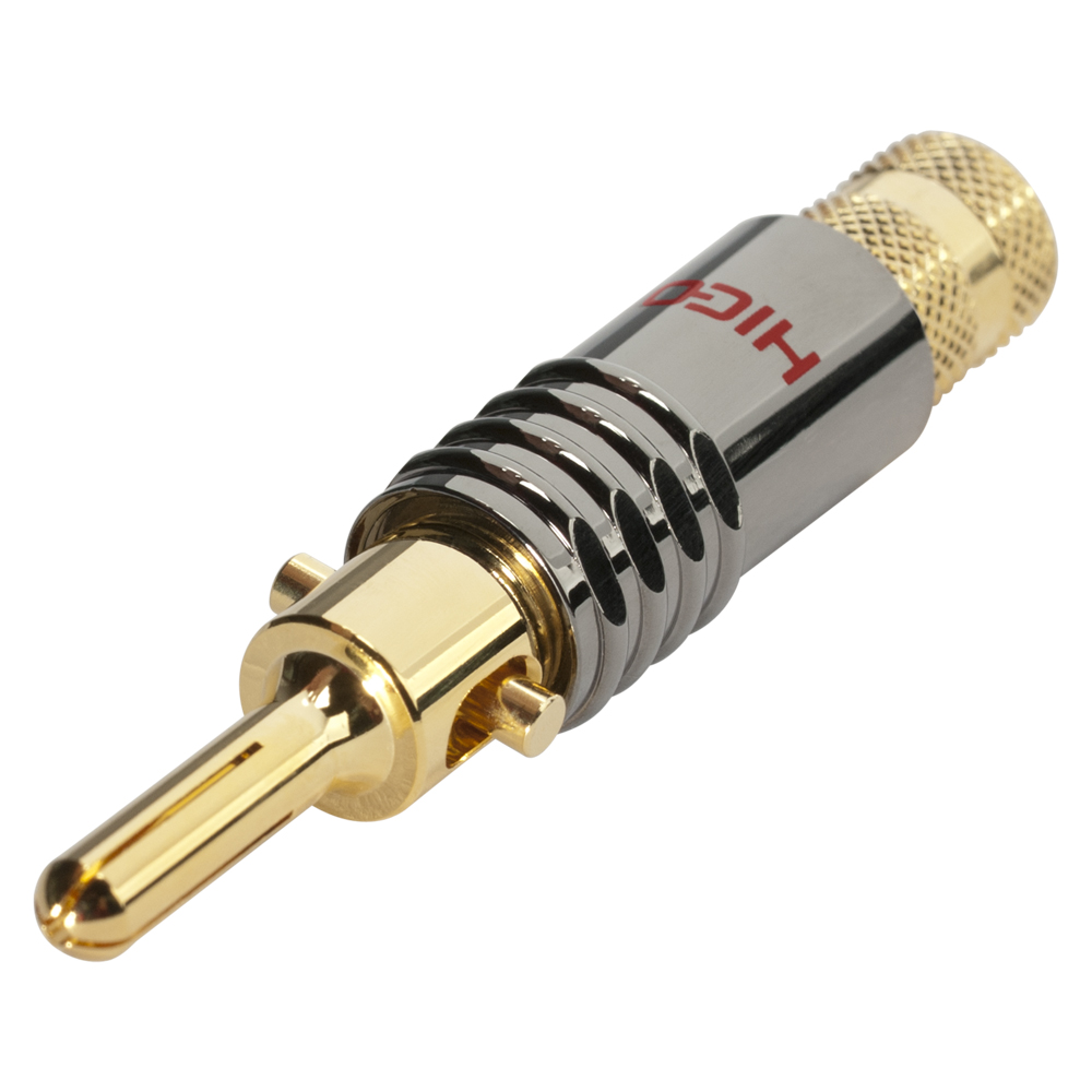 HICON Banana connector with spreading clip, 1-pol , metal-, screw-type-male connector, gold plated contact(s), straight, chrome coloured